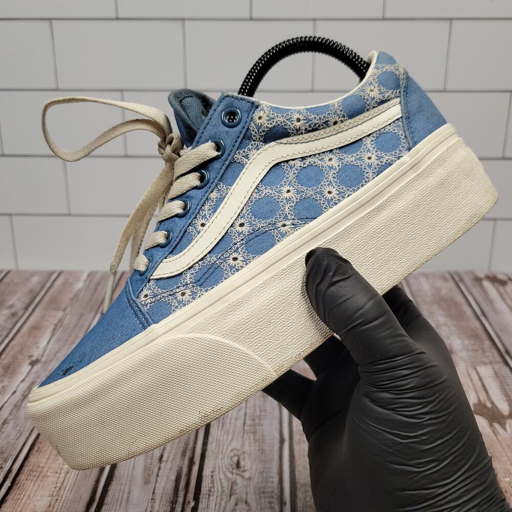 Vans Old Skool Platform Blue Floral Embroidered Shoes Men's 6 Women's 7.5 - Picture 7 of 9